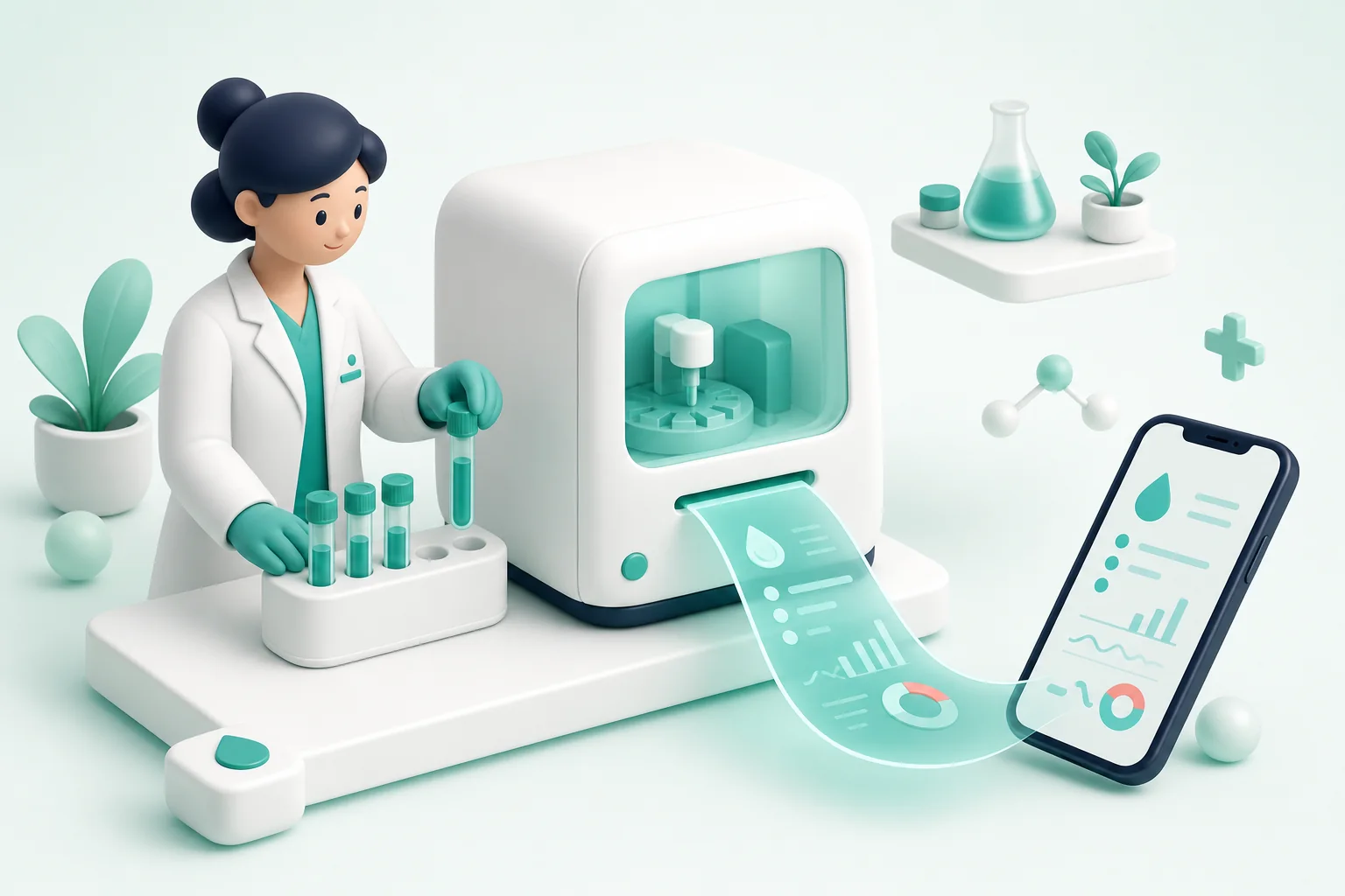 A lab technician processing a sample while the report travels to a phone