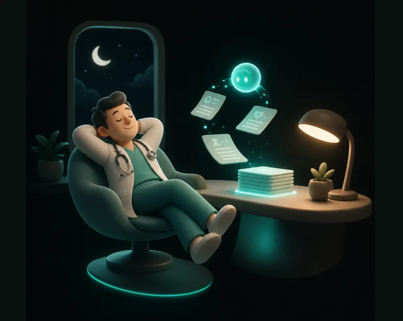 A doctor resting at night while Swastrica quietly organises the day's patient records