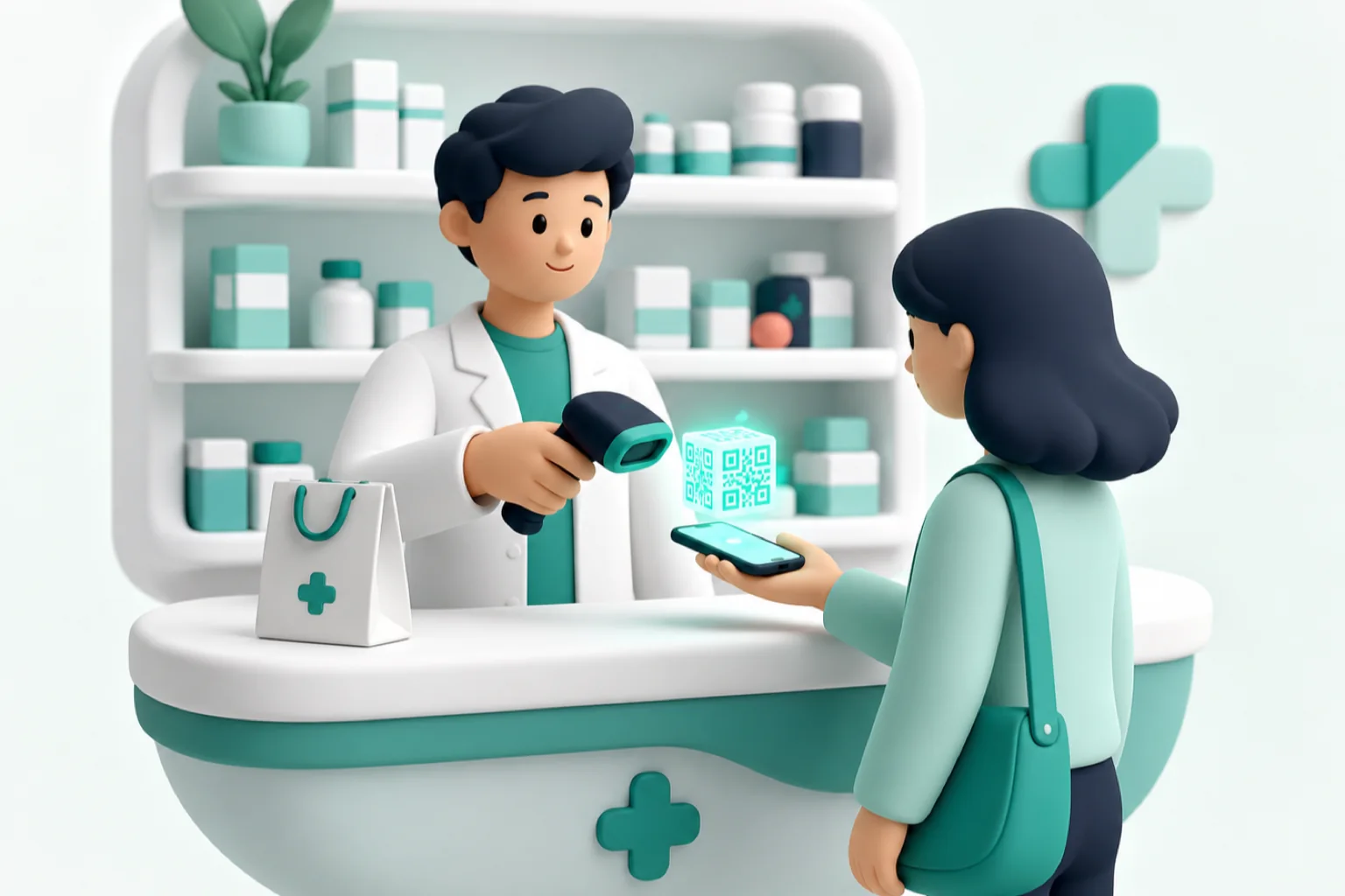 A pharmacist scanning a prescription QR from a customer's phone