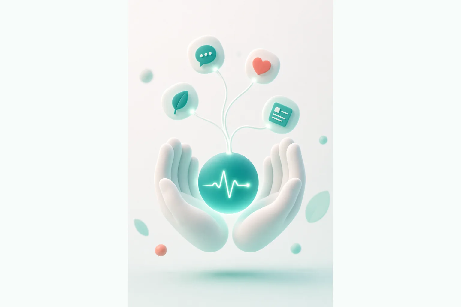 Hands holding a glowing point of care, threads rising into everyday health symbols